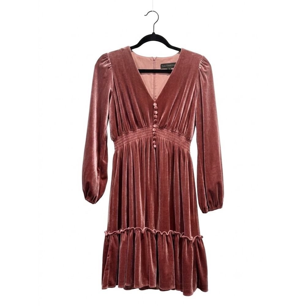 Zarr Collection Velvet V-Neck Mini Dress Dusty Rose Pink Smocked Waist Size 6